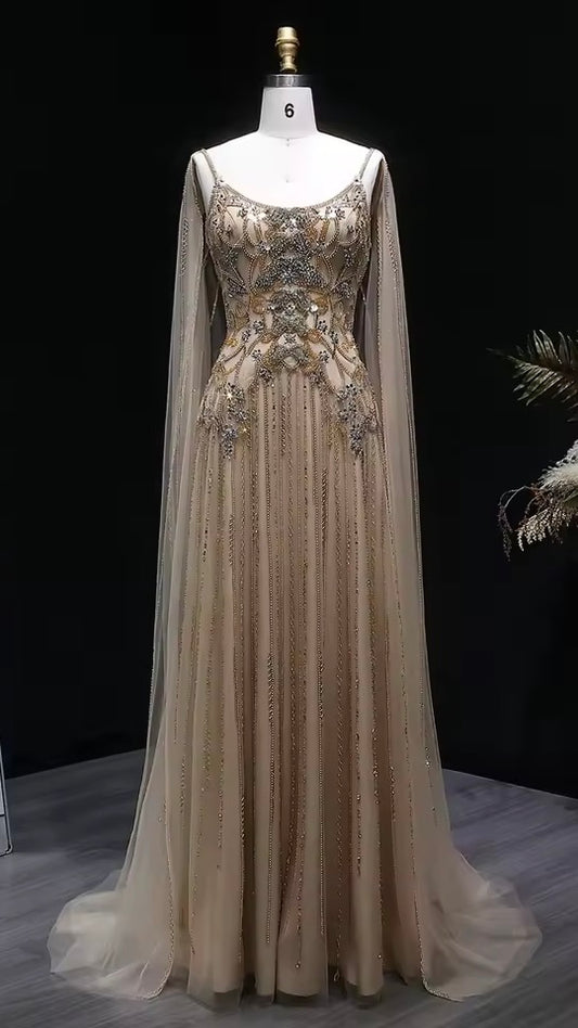 Luxury Champagne Crystal Evening Gown with Sheer Cape