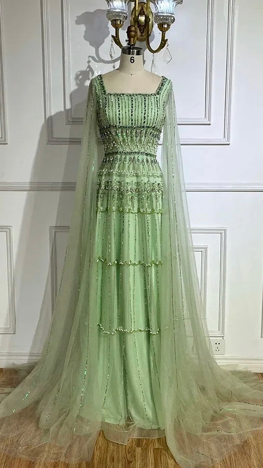 Sage Green A-Line Beaded Luxury Evening Dress