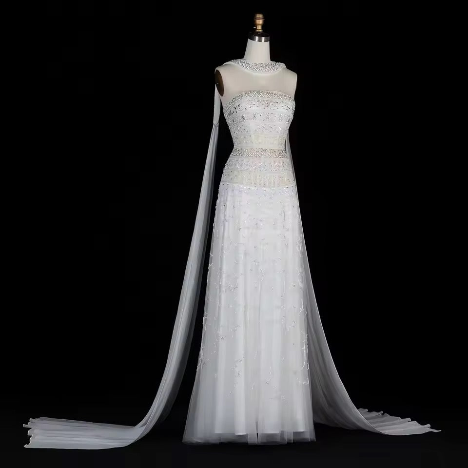 Jeweled Neckline Gown with Matching Chiffon Cape