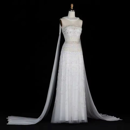 Jeweled Neckline Gown with Matching Chiffon Cape