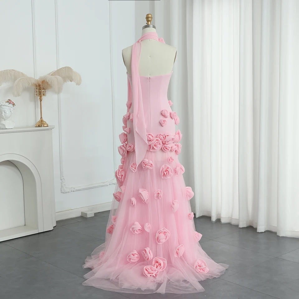 Baby Pink 3D Flowers Evening Dress