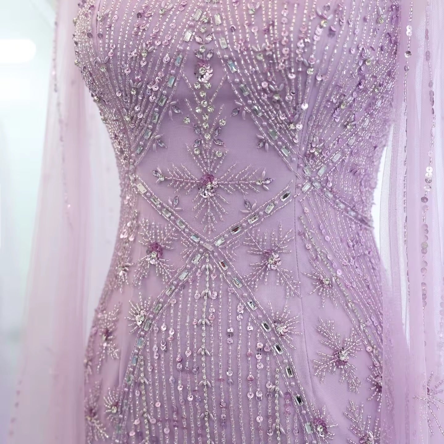 Elegant Beaded Gown with Open Sleeves and Crystal Detailing