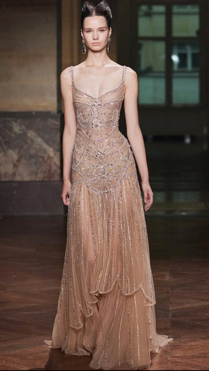 Hand-Embroidered Champagne Couture Gown