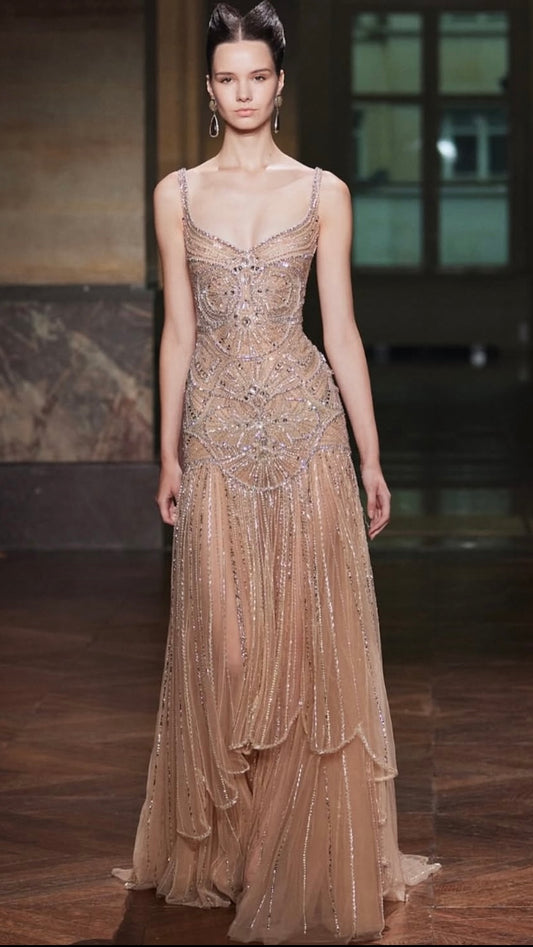Hand-Embroidered Champagne Couture Gown