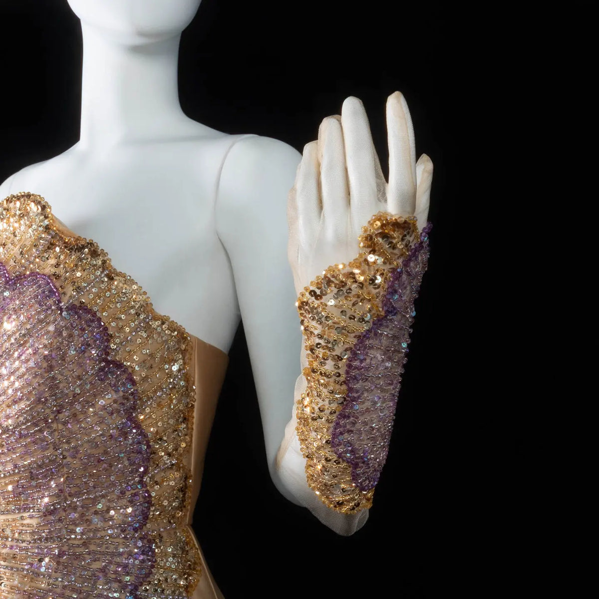 Luxury Strapless Satin Gown with Ornate Waves and Opera Gloves