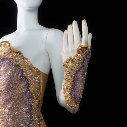 Luxury Strapless Satin Gown with Ornate Waves and Opera Gloves