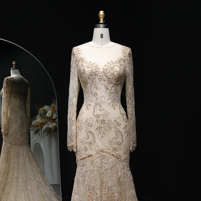 “Lace Elegance” Gown – Beaded Gold Embroidery in Mermaid Silhouette