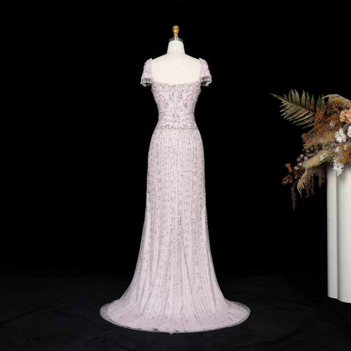 Royal Evening Gown with Cascading Crystal Beads and Floral Patterns