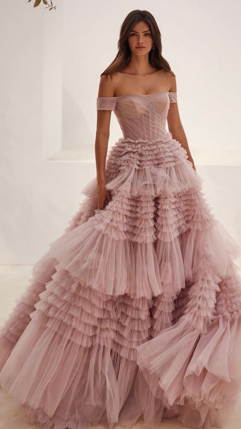 Blush Pink Off Shoulder Ruffles Evening Dress