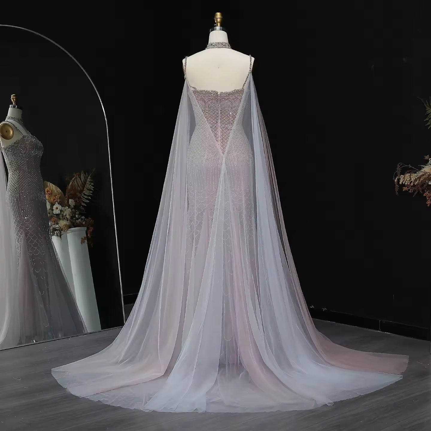 Elegant Beaded Lotus Pink Mermaid Evening Gown with Sheer Cape