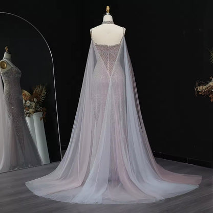 Elegant Beaded Lotus Pink Mermaid Evening Gown with Sheer Cape