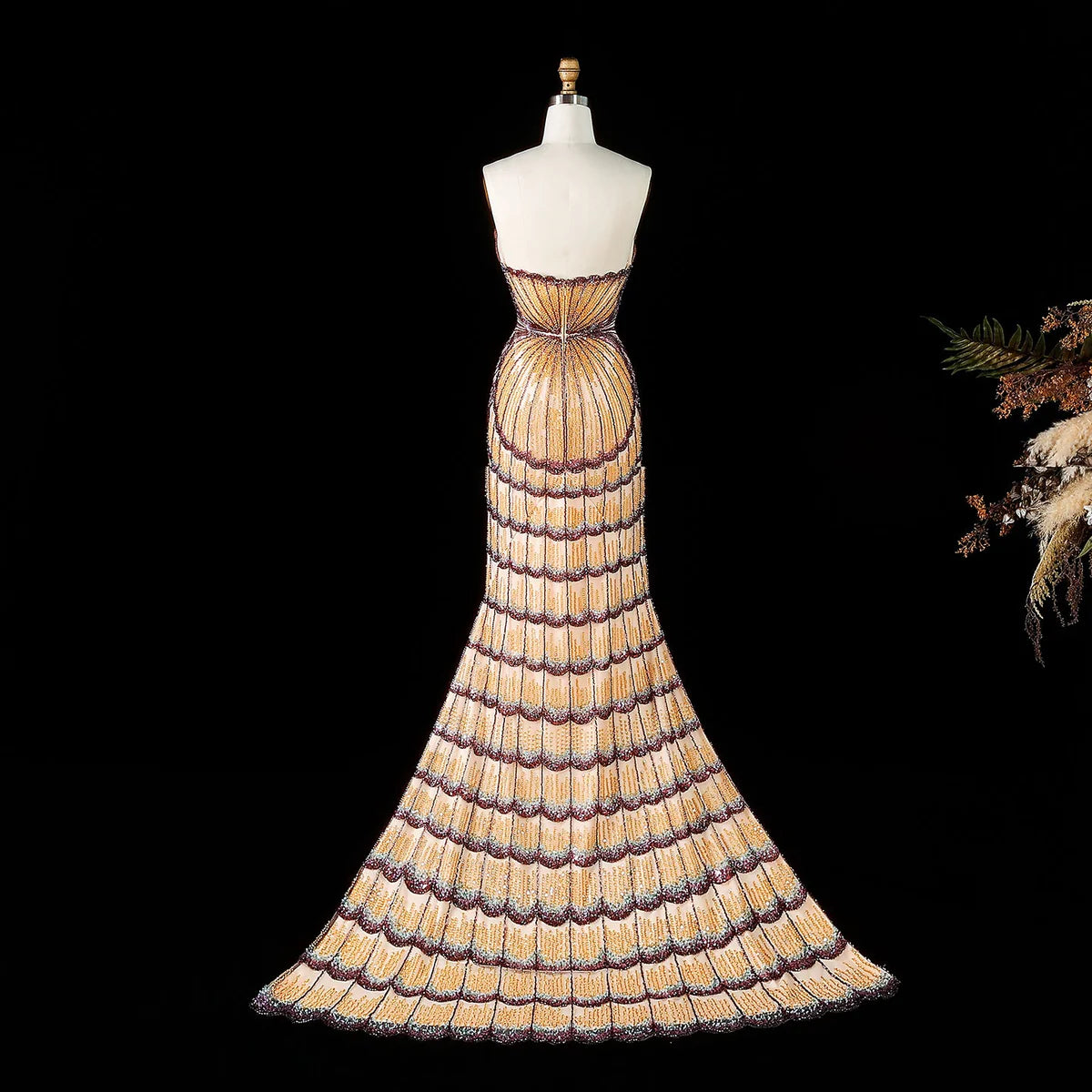Art Deco Scalloped Crystal Mermaid Gown with Detachable Train