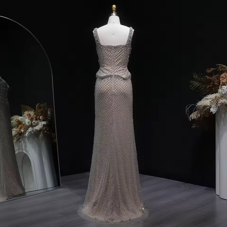Luxury Beaded Crystal Long Straight Evening Dress