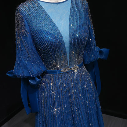 “Lumière Grace” Gown with Draped Sleeves and Vertical Crystal Beading