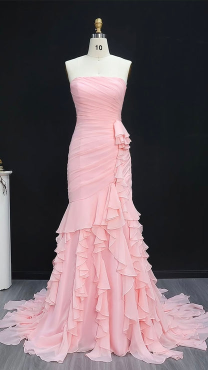 “Rosette Bloom” Strapless Ruffled Gown with Draped Bodice and Cascading Layers