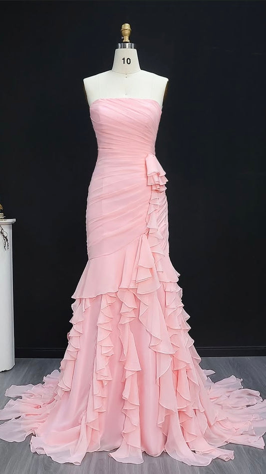 “Rosette Bloom” Strapless Ruffled Gown with Draped Bodice and Cascading Layers