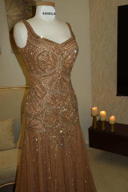 Hand-Embroidered Champagne Couture Gown