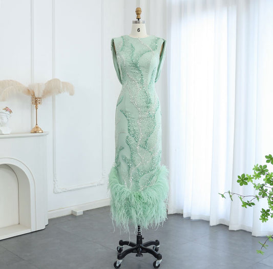 Luxury Feathers Sage Green Elegnt Evening Dress