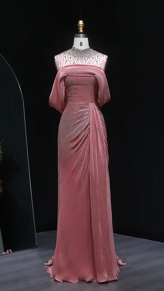 Crystal-Neckline Pleated Satin Gown