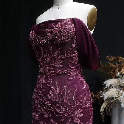 Burgundy "Orchid" Off-Shoulder Gown with Floral Crystal Embroidery and Satin Inset Train