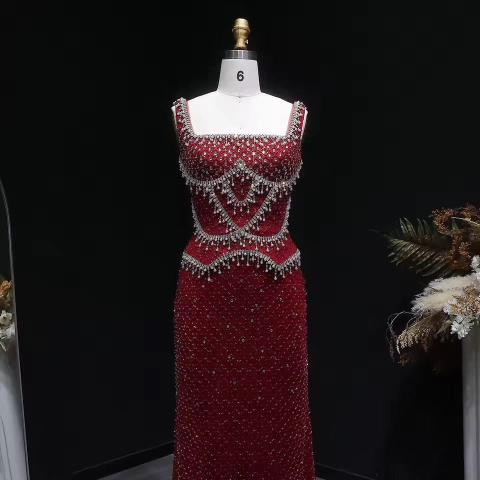 Luxury Beaded Crystal Long Straight Evening Dress