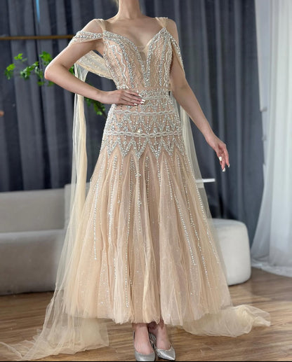 Nude chiffon midi dress