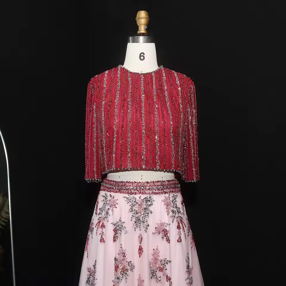 Two-Piece Hand-Embroidered Beaded Lehenga Gown