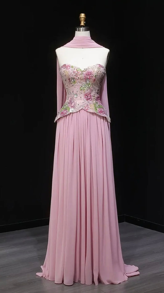 Luxury Form-Fitting Gown with Draped Scarf Train and Crystal-Floral Bodice