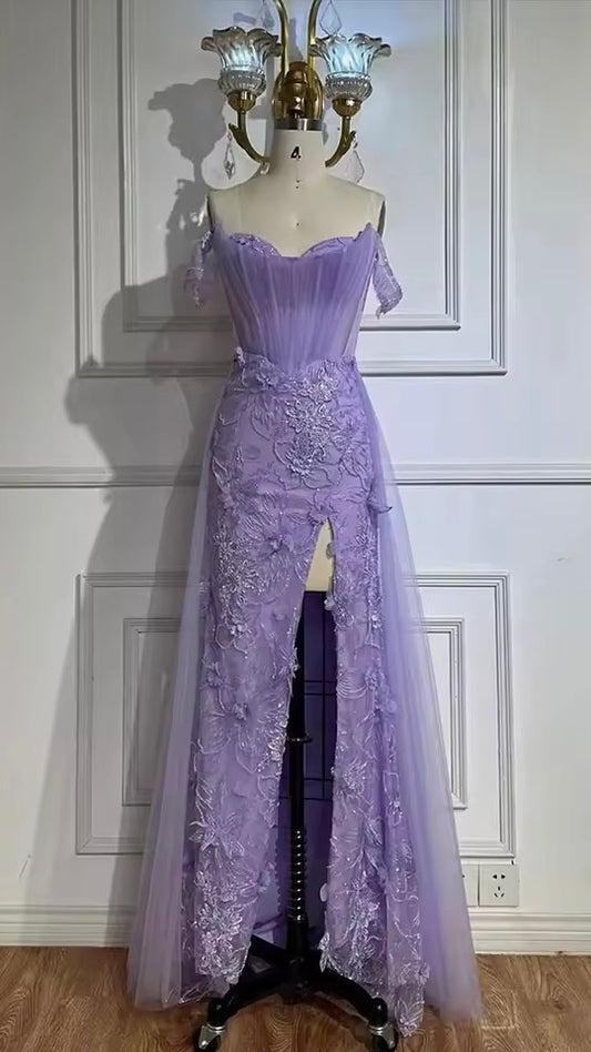 “Amethyst Bloom” Off-Shoulder Embellished Evening Gown with Side Slit