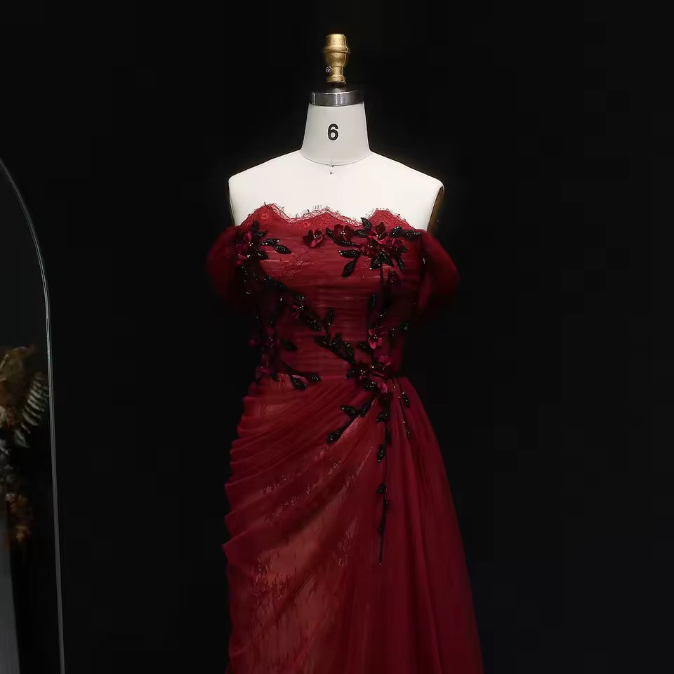 Red Evening Gown with Draped Tulle and Black Embroidery