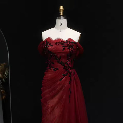 Red Evening Gown with Draped Tulle and Black Embroidery