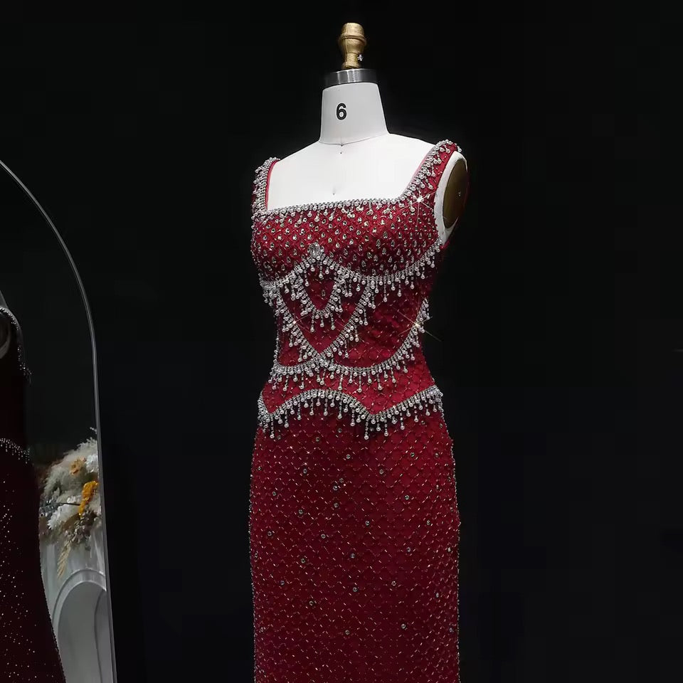 Luxury Beaded Crystal Long Straight Evening Dress