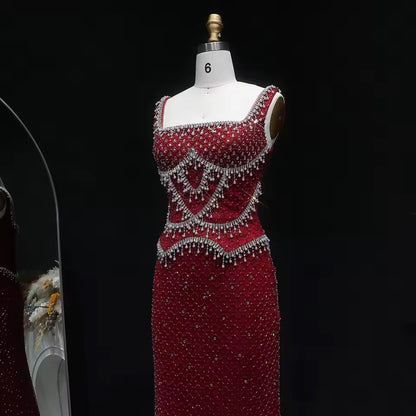 Luxury Beaded Crystal Long Straight Evening Dress