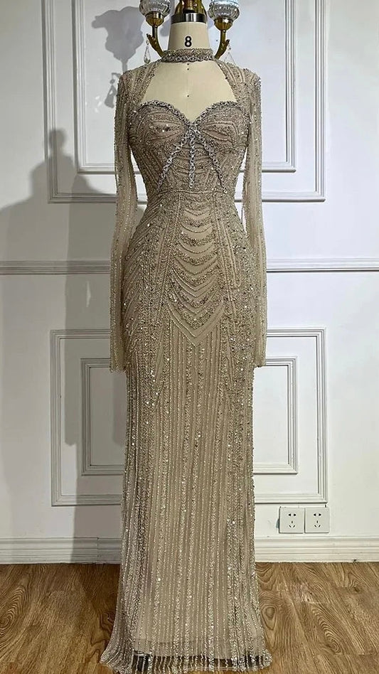 Luxury Nude Beaded Evening Gowns with Back Split