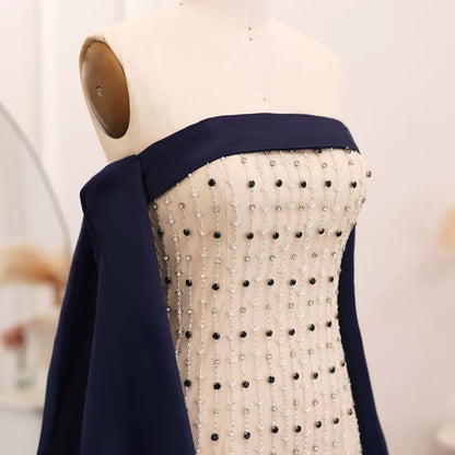 Navy Blue White Strapless Luxury Evening Dress with Cape Midi