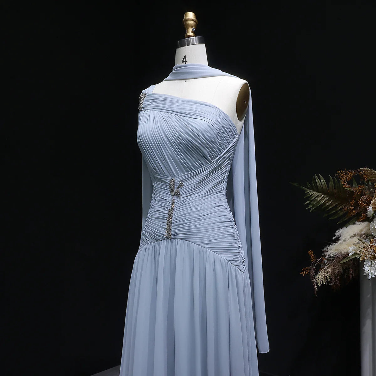 Dusty Blue One-Shoulder Chiffon Gown with Ruched Bodice & Crystal Brooch