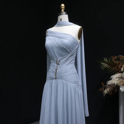 Dusty Blue One-Shoulder Chiffon Gown with Ruched Bodice & Crystal Brooch