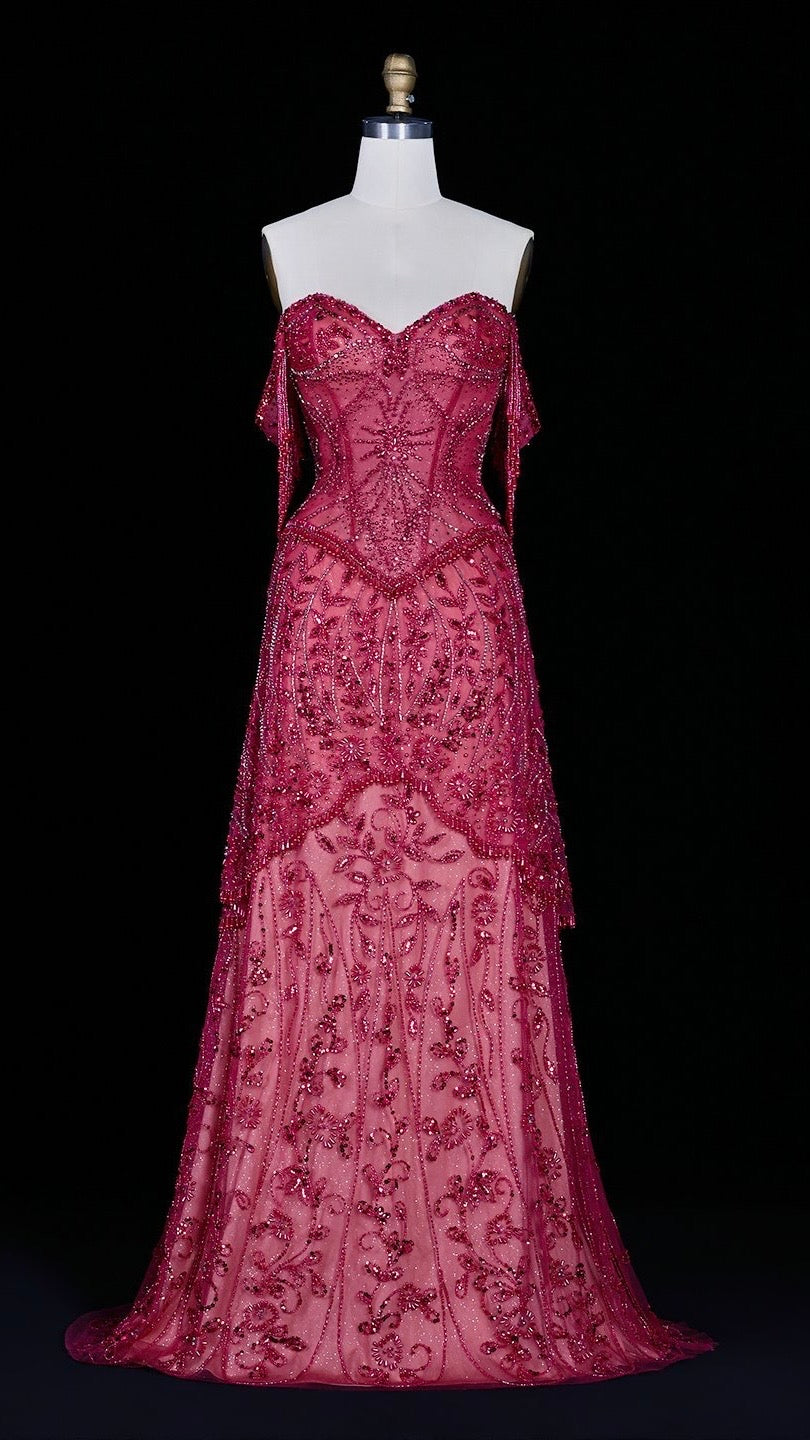 Luxurious Magenta Beaded Strapless Gown with Shoulder Beaded Fringe