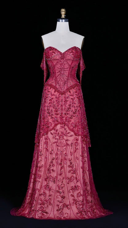 Luxurious Magenta Beaded Strapless Gown with Shoulder Beaded Fringe