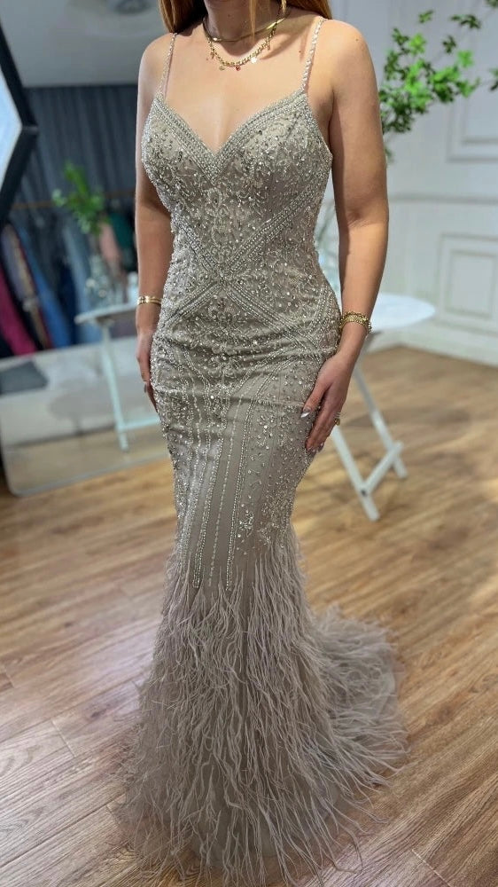 Caramel Mermaid Elegant Feathers Beaded Evening Dress