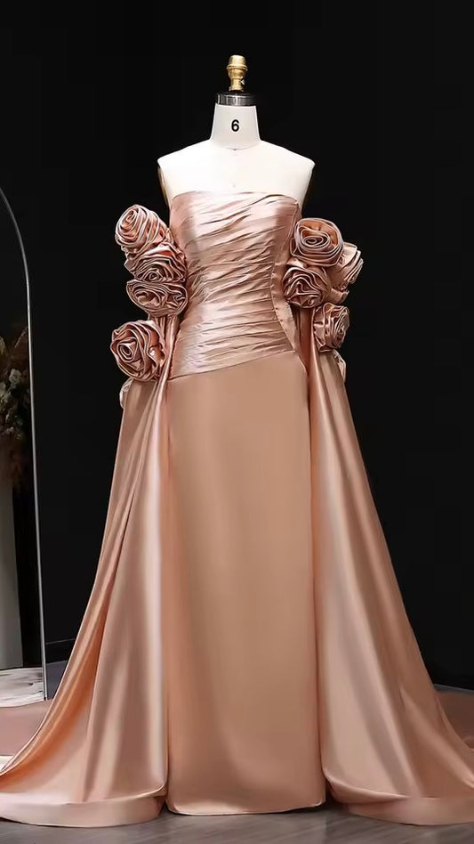 “Blush Garden” Gown – 3D Floral Details & Royal Long Satin Flow