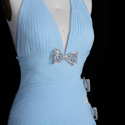 Light Blue Halter Chiffon Gown with Side Cut-outs & Crystal Bows