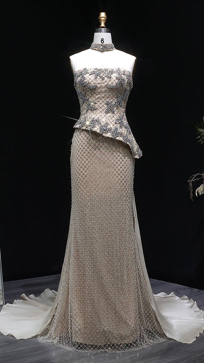 Luxury Silver Crystal Mermaid Evening Dress With Asymmetric Peplum