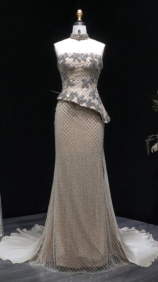 Luxury Silver Crystal Mermaid Evening Dress With Asymmetric Peplum