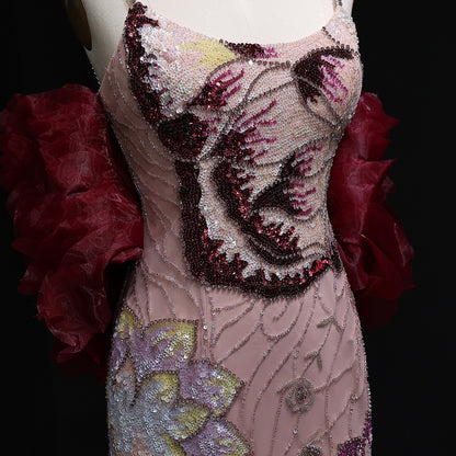 Pink Beaded Gown with Floral Embroidery and Burgundy Shoulder Shawl