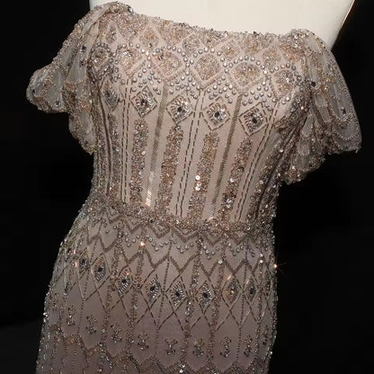 Crystal Glow” Gown – Off-shoulder embellished evening dress, available in two sleeve styles