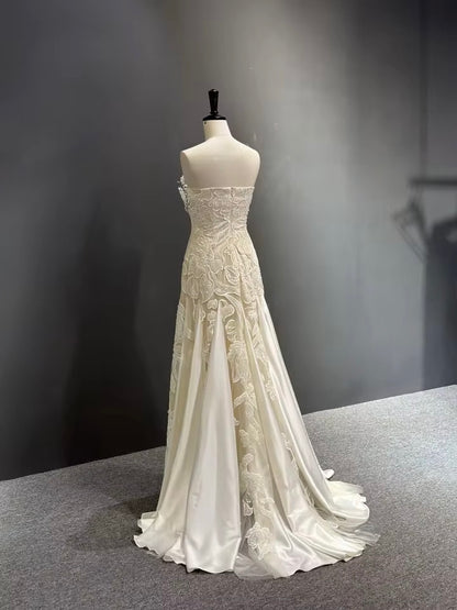 Pearl-Trimmed Strapless Gown with Lace Appliqué & Satin Panels