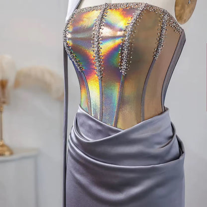 Elegant Strapless pink-Gray Satin Evening Dress with Scarf Luxury Crystal