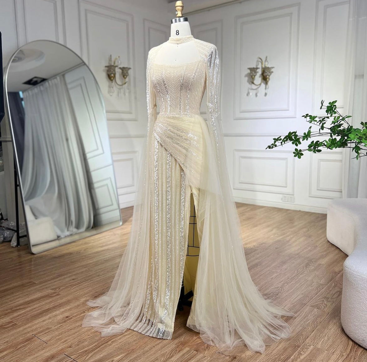 Evening Gowns Luxury Beaded High Split Cape Sleeves Long Dress