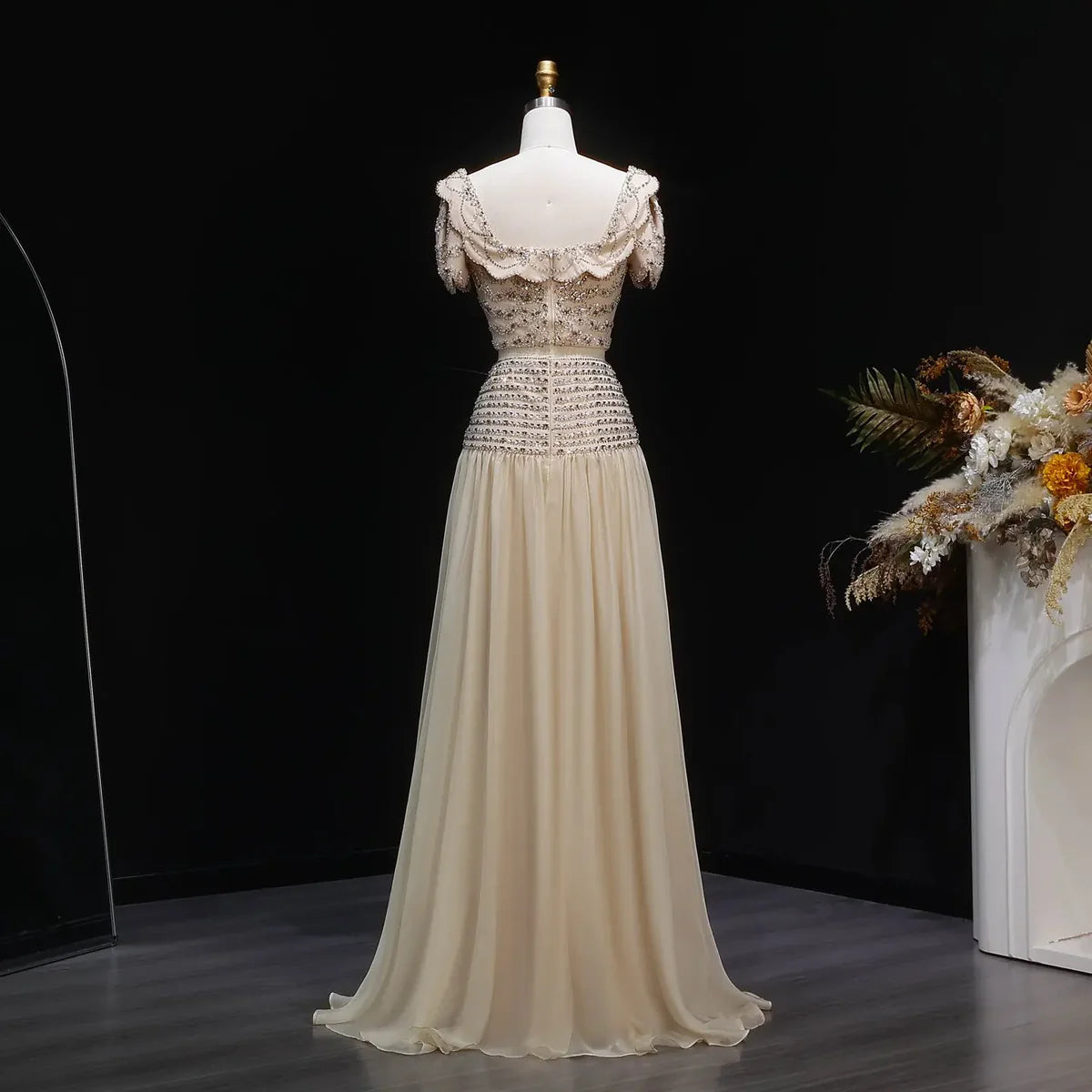 Elegant Fully Beaded Crop Top and Draped Skirt Set with Delicate Bows